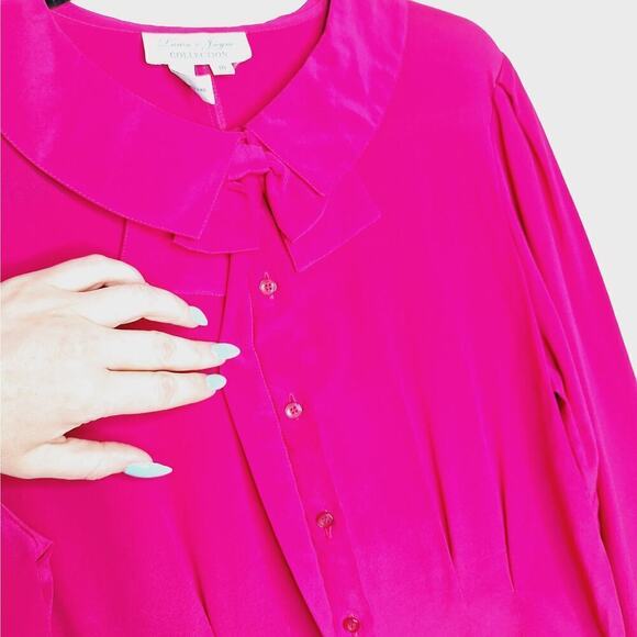Vintage 90s Laura & Jayne 100% Silk Blouse Top Bow Peter Pan Collar Fuchsia 10 - Picture 8 of 11